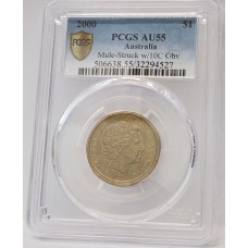 AUSTRALIA 2000 . ONE 1 DOLLAR COIN . ERROR . MULE . STRUCK ON TEN 10 CENTS